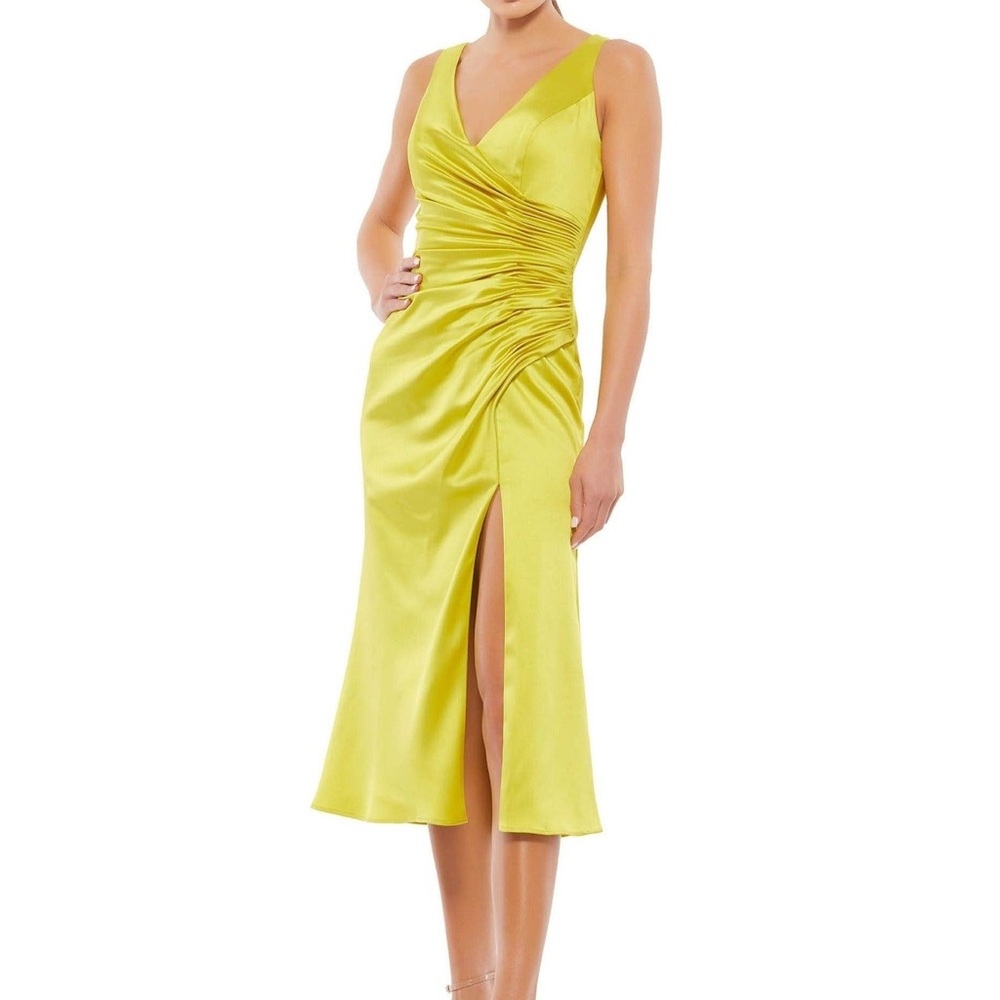 NWT Ieena by Mac Duggal Yellow Satin Midi Dress Size 6 Side Slit Formal Cocktail